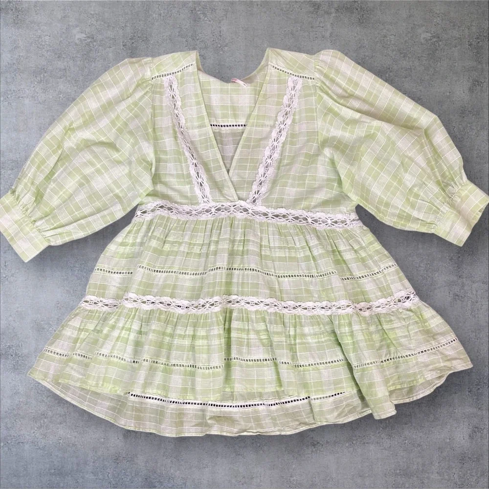 Free People Green Plaid Babydoll Tunic Mini Dress Womens S Oversized Tiered Boho
